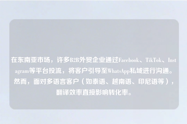 在东南亚市场，许多B2B外贸企业通过Facebook、TikTok、Instagram等平台投流，将客户引导至WhatsApp私域进行沟通。然而，面对多语言客户（如泰语、越南语、印尼语等），翻译效率直接影响转化率。