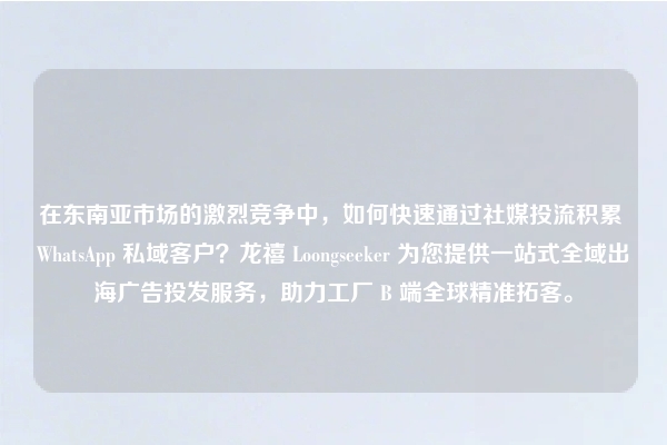 在东南亚市场的激烈竞争中，如何快速通过社媒投流积累 WhatsApp 私域客户？龙禧 Loongseeker 为您提供一站式全域出海广告投发服务，助力工厂 B 端全球精准拓客。