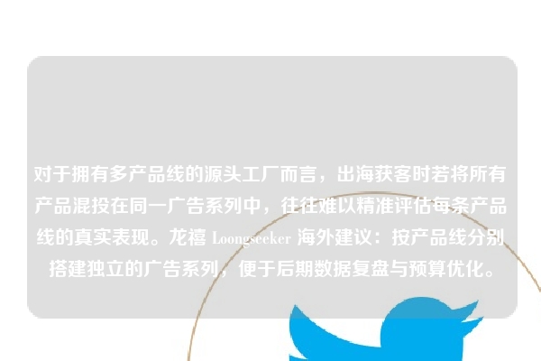 对于拥有多产品线的源头工厂而言，出海获客时若将所有产品混投在同一广告系列中，往往难以精准评估每条产品线的真实表现。龙禧 Loongseeker 海外建议：按产品线分别搭建独立的广告系列，便于后期数据复盘与预算优化。