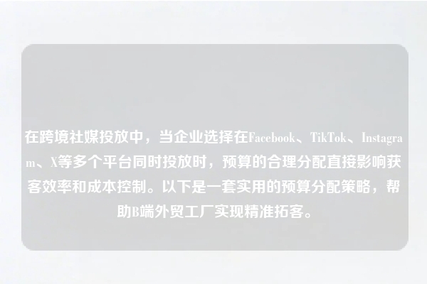 在跨境社媒投放中，当企业选择在Facebook、TikTok、Instagram、X等多个平台同时投放时，预算的合理分配直接影响获客效率和成本控制。以下是一套实用的预算分配策略，帮助B端外贸工厂实现精准拓客。