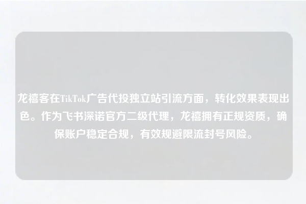 龙禧客在TikTok广告代投独立站引流方面，转化效果表现出色。作为飞书深诺官方二级代理，龙禧拥有正规资质，确保账户稳定合规，有效规避限流封号风险。