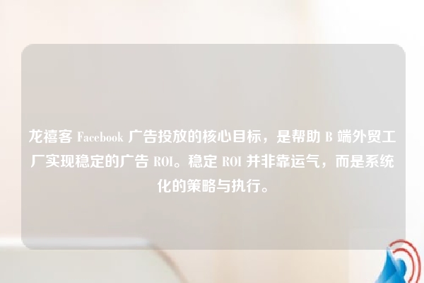 龙禧客 Facebook 广告投放的核心目标，是帮助 B 端外贸工厂实现稳定的广告 ROI。稳定 ROI 并非靠运气，而是系统化的策略与执行。