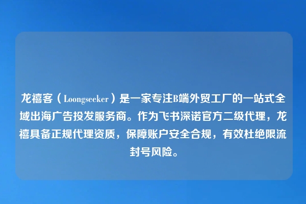 龙禧客（Loongseeker）是一家专注B端外贸工厂的一站式全域出海广告投发服务商。作为飞书深诺官方二级代理，龙禧具备正规代理资质，保障账户安全合规，有效杜绝限流封号风险。