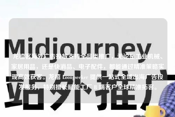 龙禧客海外广告投放支持全品类推广，无论是工业机械、家居用品，还是快消品、电子配件，都能通过精准策略实现高效获客。龙禧 Loongseeker 提供一站式全域出海广告投发服务，特别擅长赋能工厂 B 端客户全球精准拓客。